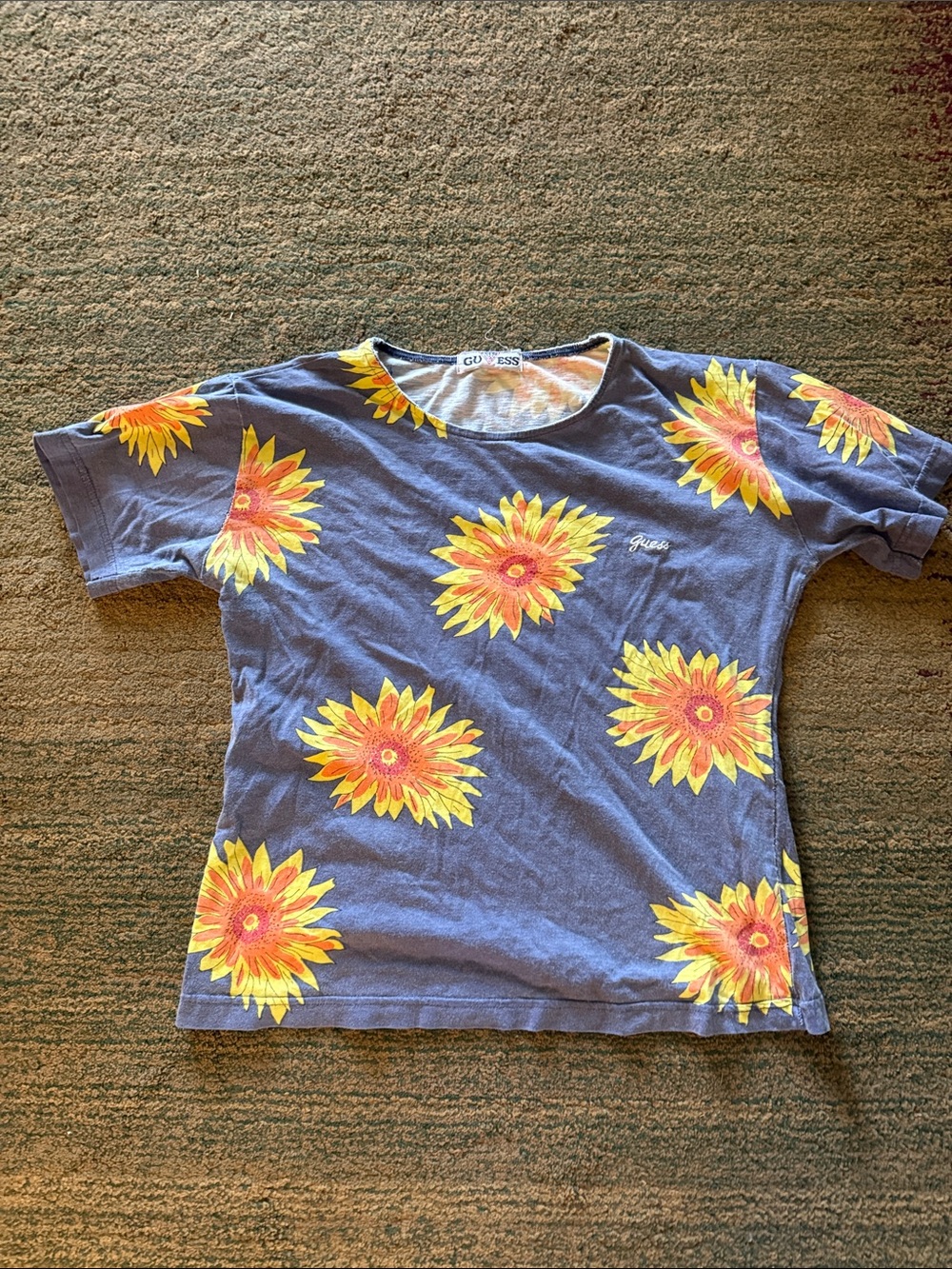 GUESS Blue Tee with Yellow Sunflower Print size XS